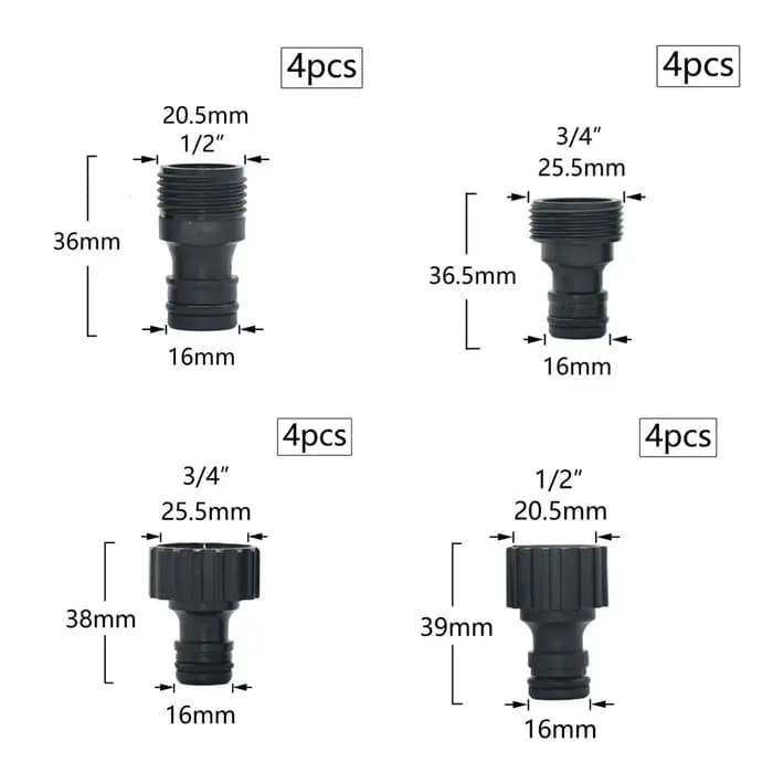 Connecteurs rapides de mamelon de 16mm, avec filetage mâle femelle de 1/2 3/4 pouces, adaptateur de