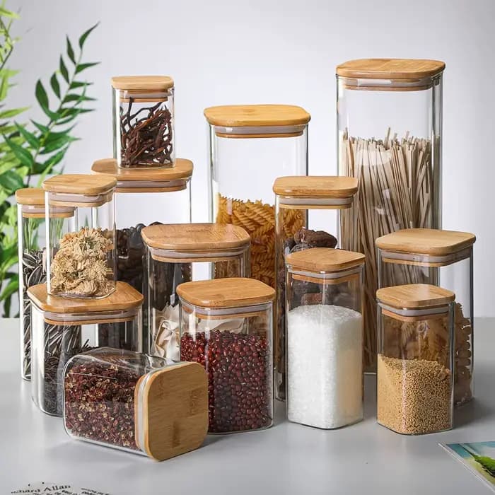 Boîtes de rangement transparentes en verre de bambou, bocaux carrés scellés avec couvercle pour bonb