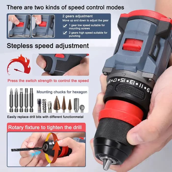 Tournevis électrique sans fil 21V, perceuse à percussion sans balais 2 en 1, Rechargeable, 2 vitesse