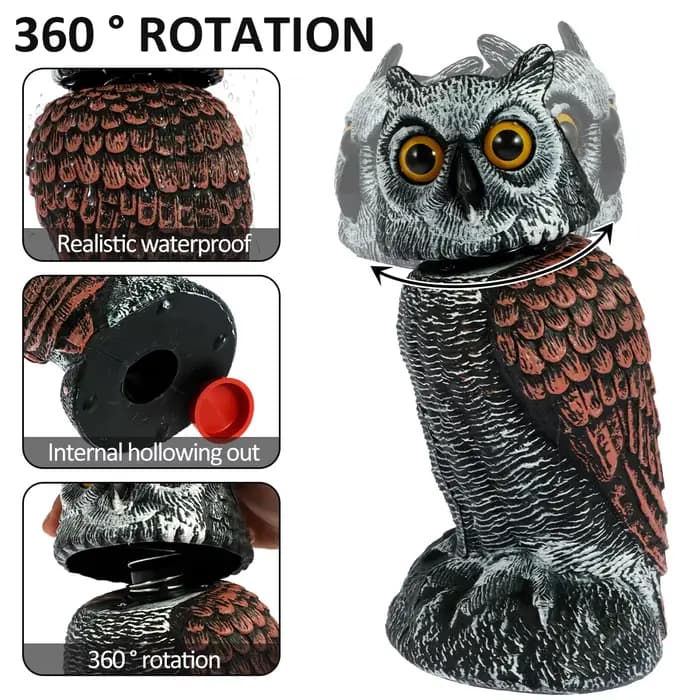 Faux hiboux effrayent les oiseaux avec 360 ° Tête pivotante imperméable, faux hibou, répulsif anti