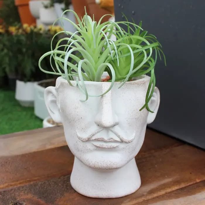Pot de fleurs en résine personnalisé avec un design de moustache ludique, créant une nouvelle maison