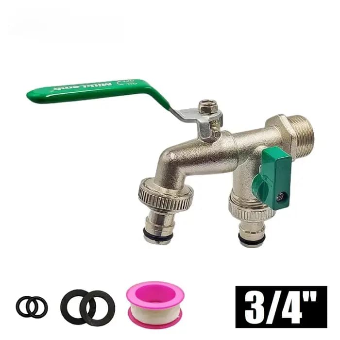 Robinet de jardinage en alliage de zinc 3/4 avec une entrée et deux sorties, robinet à double mamelo