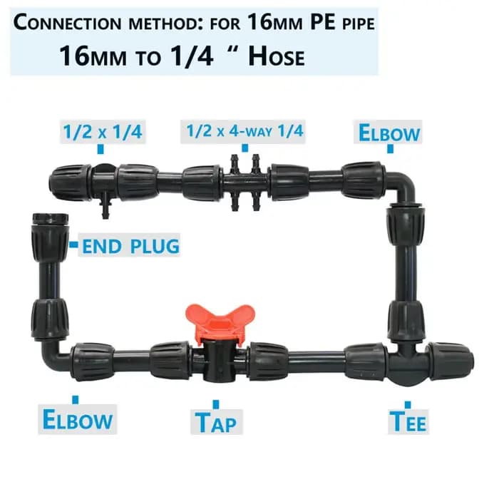 Raccords Réduits de Tubes en PE de 16mm, 1/2 à 1/4 Pouces, Raccords Réduits, Coude en T, Raccords à