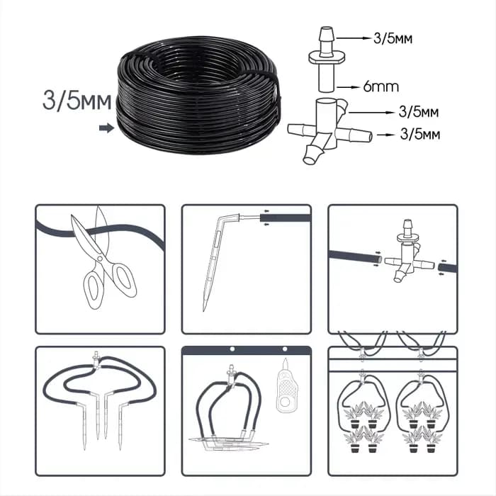 MUCIAKIE 10-100M Kit d'irrigation goutte à goutte pour serre 4 voies 3/5mm goutte à goutte flèche ém