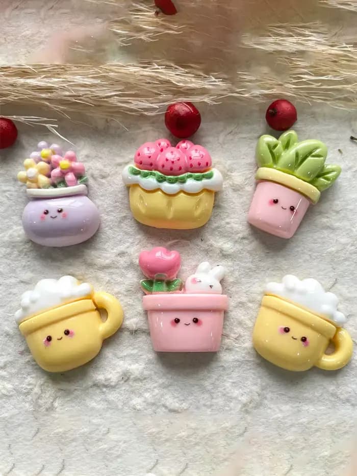 10 pièces d'accessoires décoratifs en résine en forme de plantes en pot, mignons et de style dessin