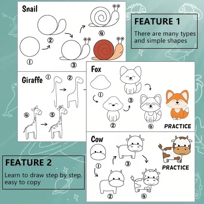 Livre de dessin amusant, livre de dessin, Guide étape par étape avec illustrations d'animaux, personnages de dessins animés mignons, livre à motifs colorés
