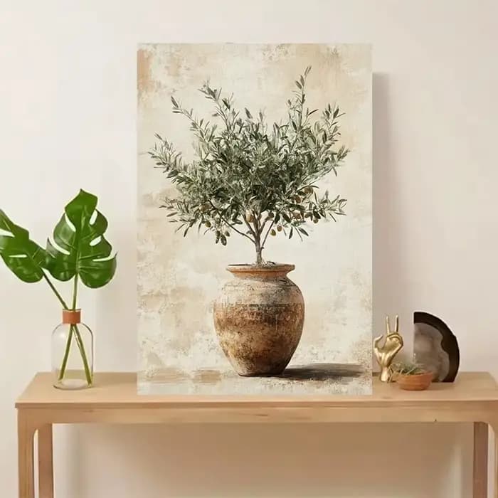 Toile d'olivier chic dans un vase – Décoration murale imperméable sans cadre pour salon