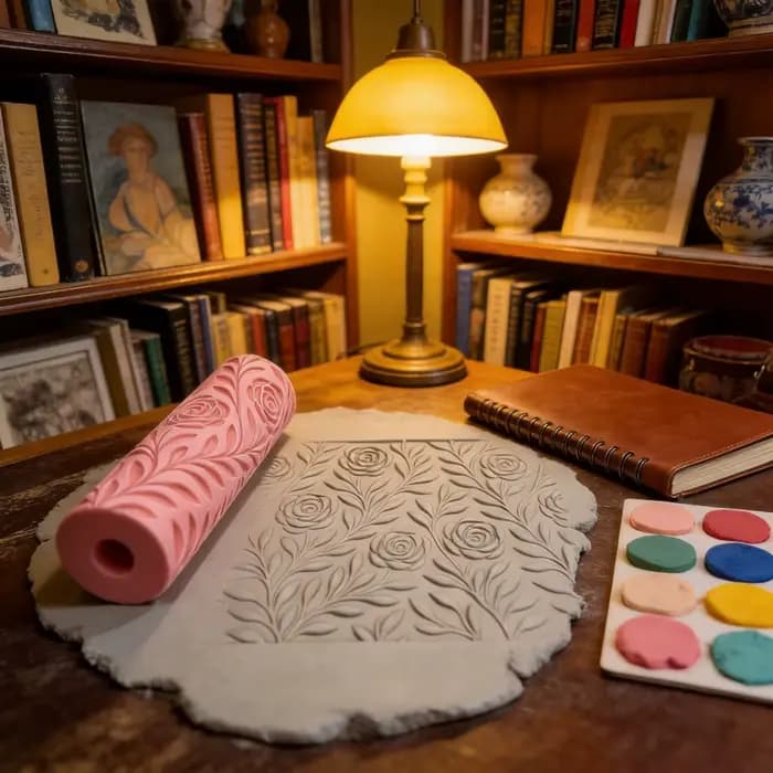 Rouleau de texture en relief motif vignoble (raisin et rose) pour poterie DIY