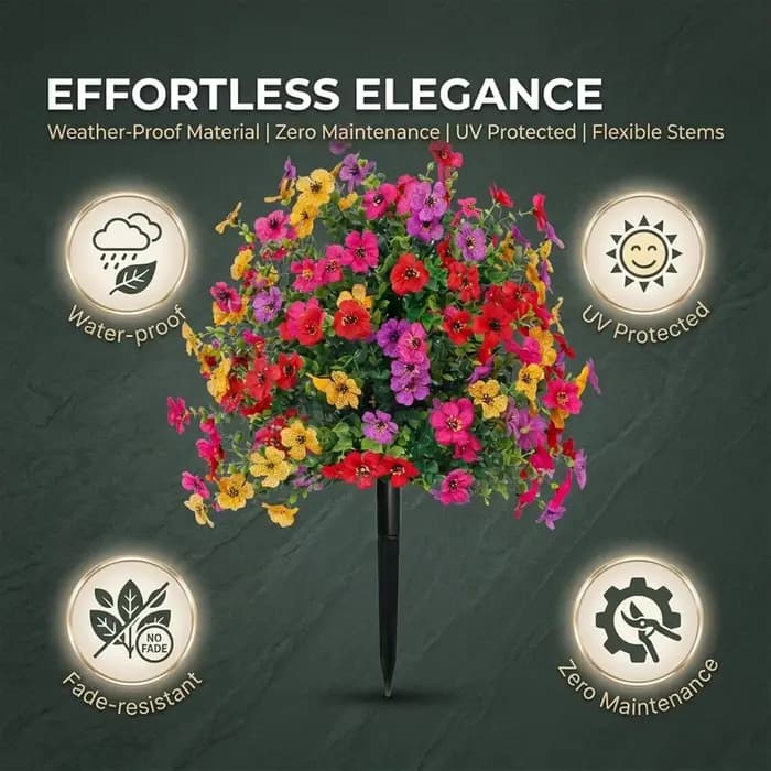 Petunias artificiels avec piquet de fixation pour l'extérieur, fausses fleurs pour jardin, cour, jardinière et véranda, pour la décoration intérieure et extérieure de la maison