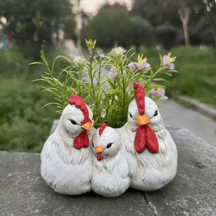 Décoration Créative : Pot de Fleurs Famille de Poulets