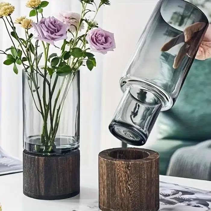 Vase en verre élégant avec base en bois pour plantes hydroponiques
