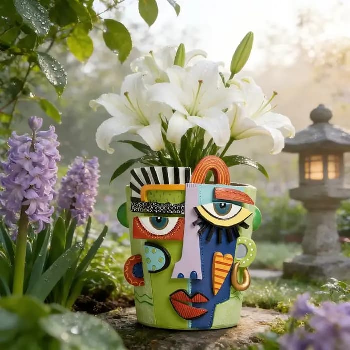 Pot de fleurs décoratif abstrait en forme de visage