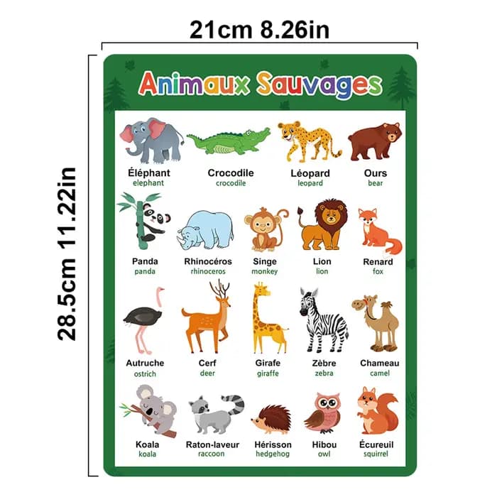 Affiche interactive d'apprentissage du français pour enfants, avec animaux, alphabet, fruits, vocabulaire, outil d'éducation précoce pour la maison et la salle de classe
