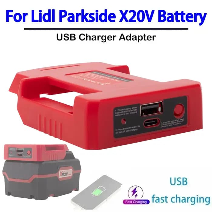 Batterie externe pour batterie Li-ion Lidl Parkside X20V avec port USB/Type-C, charge rapide, accessoire pour outil électrique