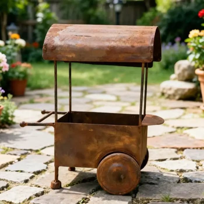 Petit conteneur jardinière en brouette rouillé
