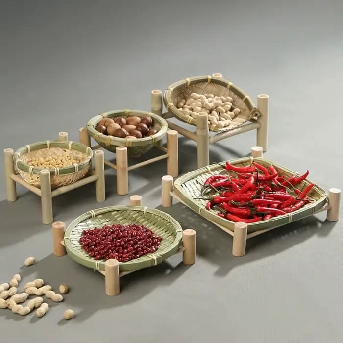 Nouveau plateau de fruits secs en bambou fait à la main tissé avec support panier de fruits panier décoratif de grande capacité plateaux de panier en bambou
