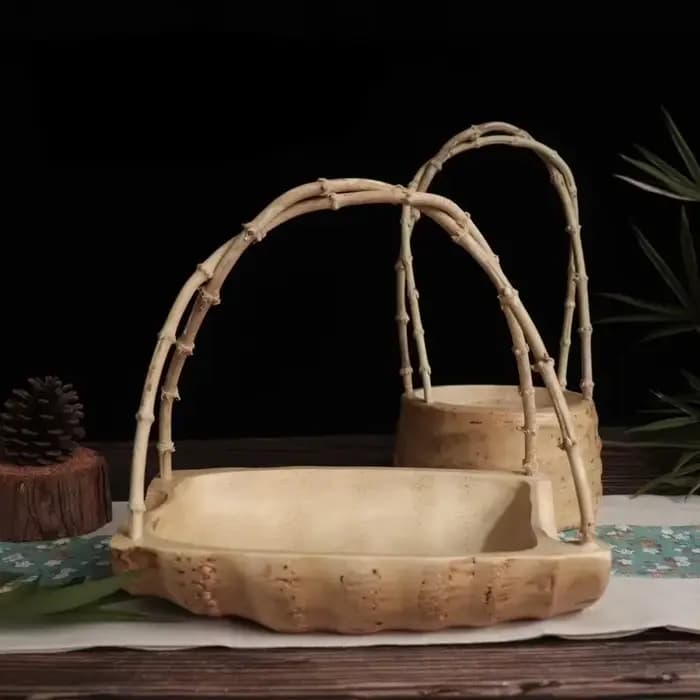 Plateau à racines de bambou japonais, panier rond créatif fait à la main, plat de fruits décoratif pour salon, artisanat d'art pour la décoration de la maison