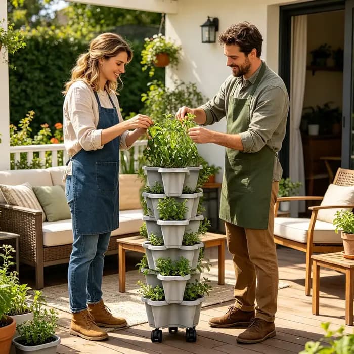 Tour de jardinage verticale empilable multi-niveaux avec roulettes mobiles pour la culture de fraises et légumes