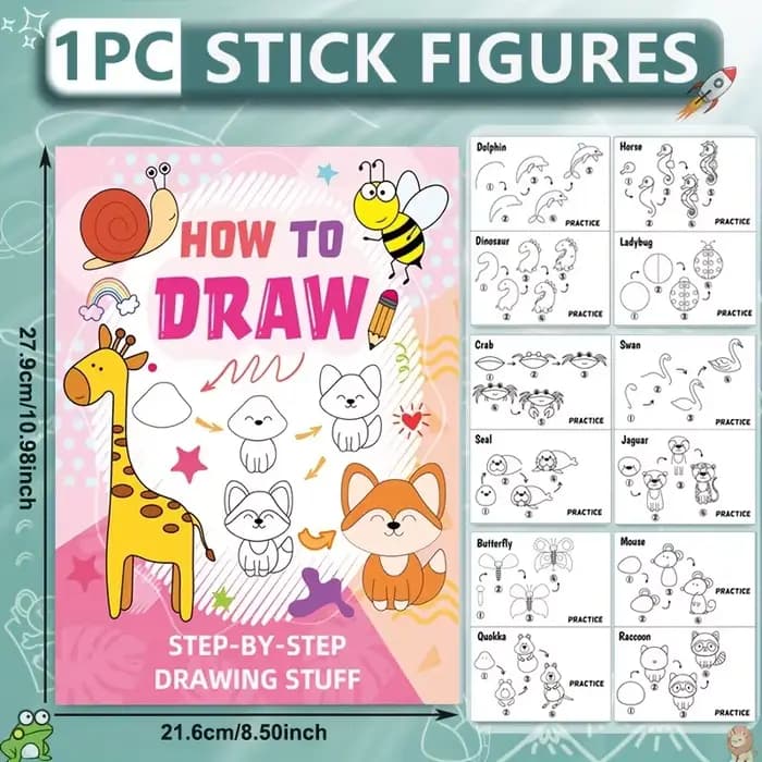 Livre de dessin amusant, livre de dessin, Guide étape par étape avec illustrations d'animaux, personnages de dessins animés mignons, livre à motifs colorés