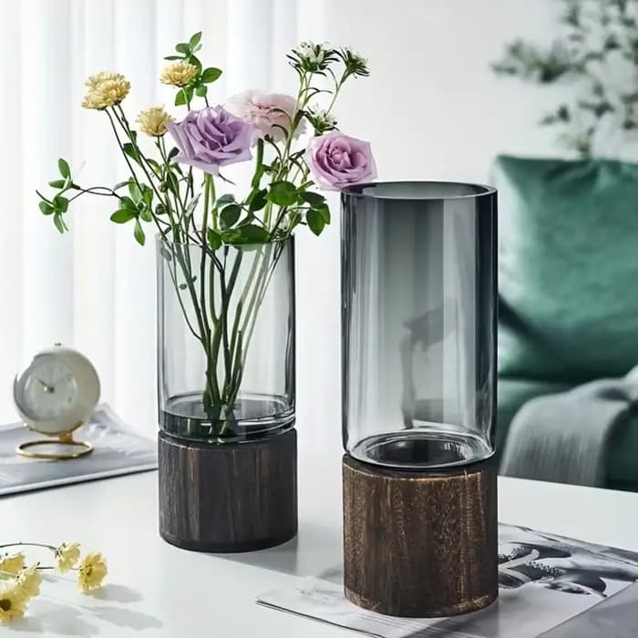 Vase en verre élégant avec base en bois pour plantes hydroponiques