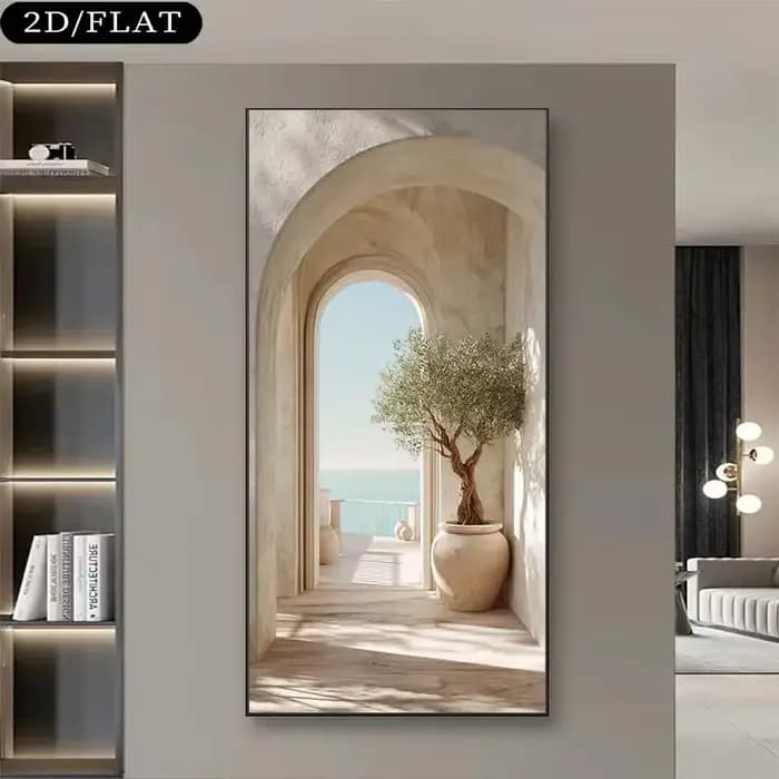 Grande impression sur toile en arc d'olivier méditerranéen côtier sans cadre - Art mural inspiré de l'île grecque beige et blanc avec ambiance grecque, 31