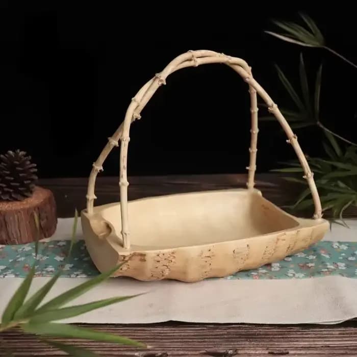 Plateau à racines de bambou japonais, panier rond créatif fait à la main, plat de fruits décoratif pour salon, artisanat d'art pour la décoration de la maison