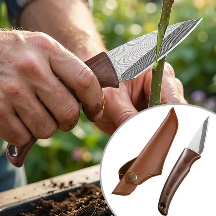 Couteau de greffage Sharp avec manche en bois et étui en cuir