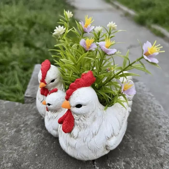 Décoration Créative : Pot de Fleurs Famille de Poulets