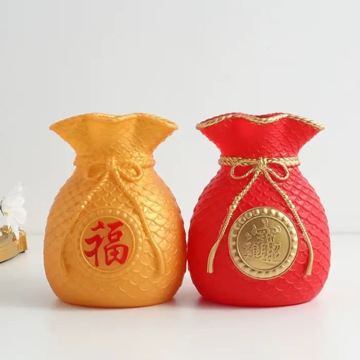 Vase en plastique en forme de sac porte-bonheur rouge/doré