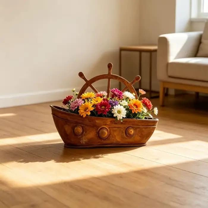 Pot fleur bateau en métal avec roue bateau