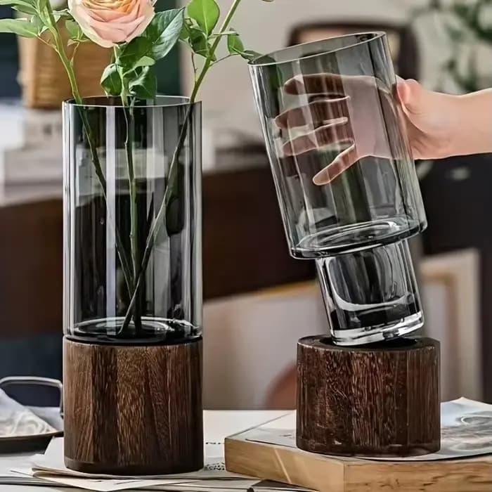 Vase en verre élégant avec base en bois pour plantes hydroponiques