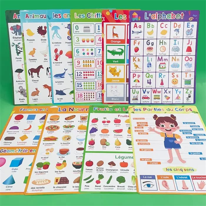 Affiche interactive d'apprentissage du français pour enfants, avec animaux, alphabet, fruits, vocabulaire, outil d'éducation précoce pour la maison et la salle de classe
