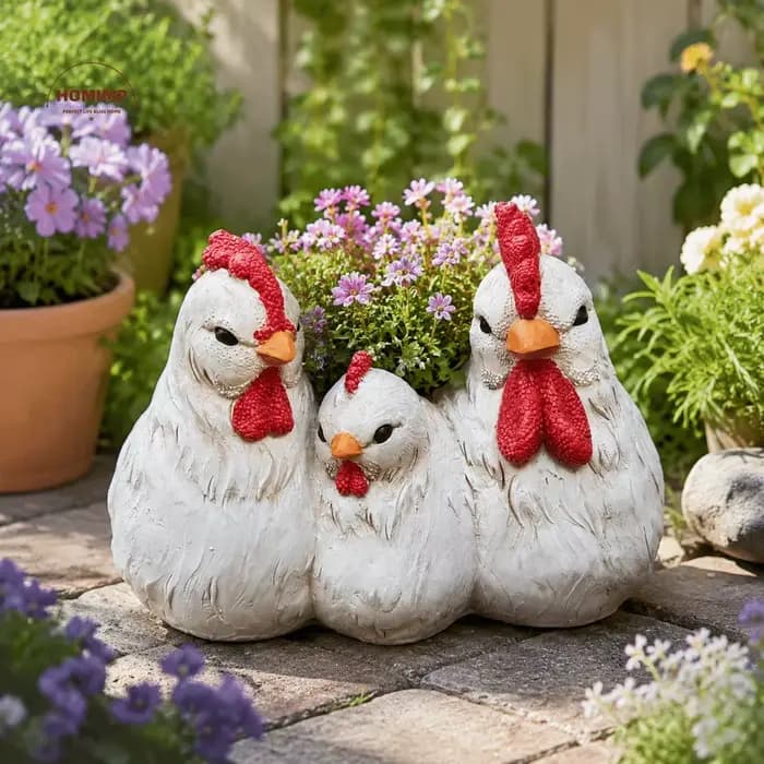 Décoration Créative : Pot de Fleurs Famille de Poulets