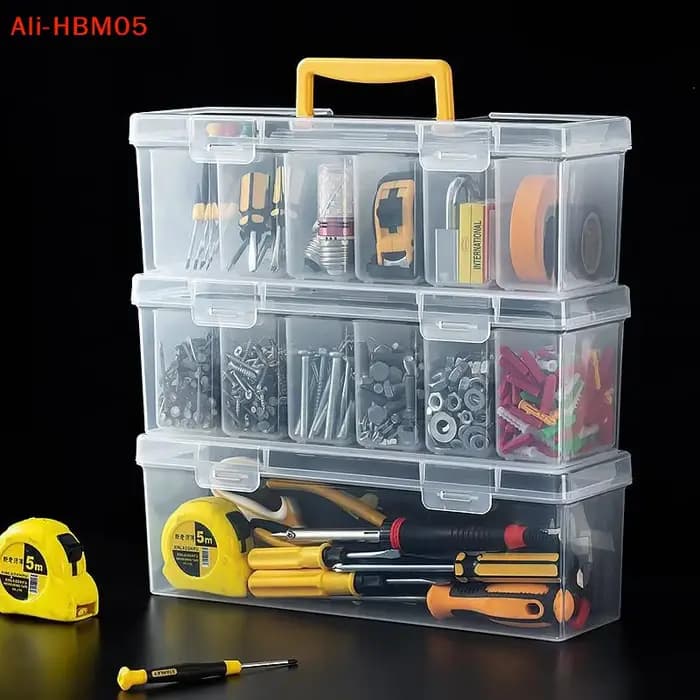 Boîte à outils transparente portable (HB05) grande capacité, en plastique épais, avec poignée, pour le rangement d'outils et de matériel.