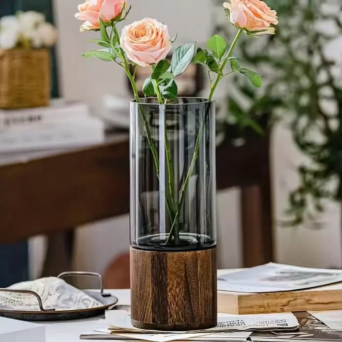 Vase en verre élégant avec base en bois pour plantes hydroponiques