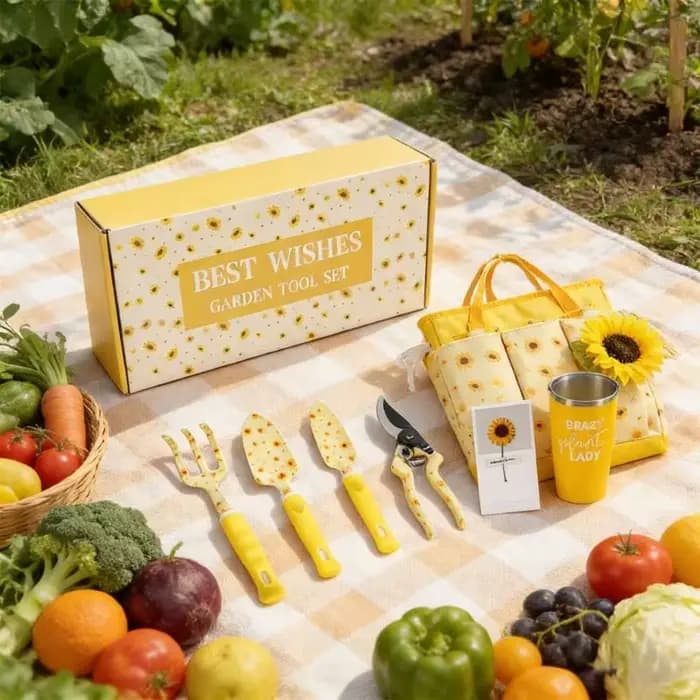 Dernier coffret cadeau jardinage mettant en valeur belle finition du plan floral avec des appareils fondamentaux