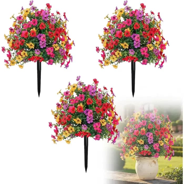Petunias artificiels avec piquet de fixation pour l'extérieur, fausses fleurs pour jardin, cour, jardinière et véranda, pour la décoration intérieure et extérieure de la maison