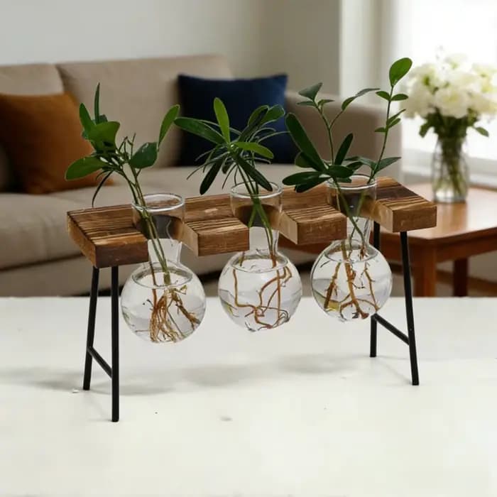 Jardinière hydroponique à cadre en bois avec bulbe en verre