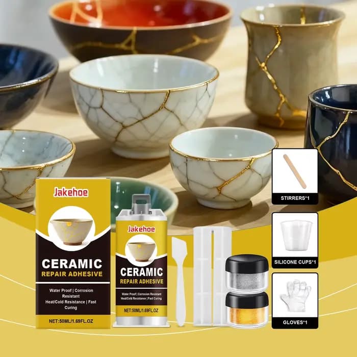 Kit de réparation céramique doré : Colle adhésive forte et étanche pour la restauration d'art et d'artisanat (assiettes, vases, bols, fissures et éclats)