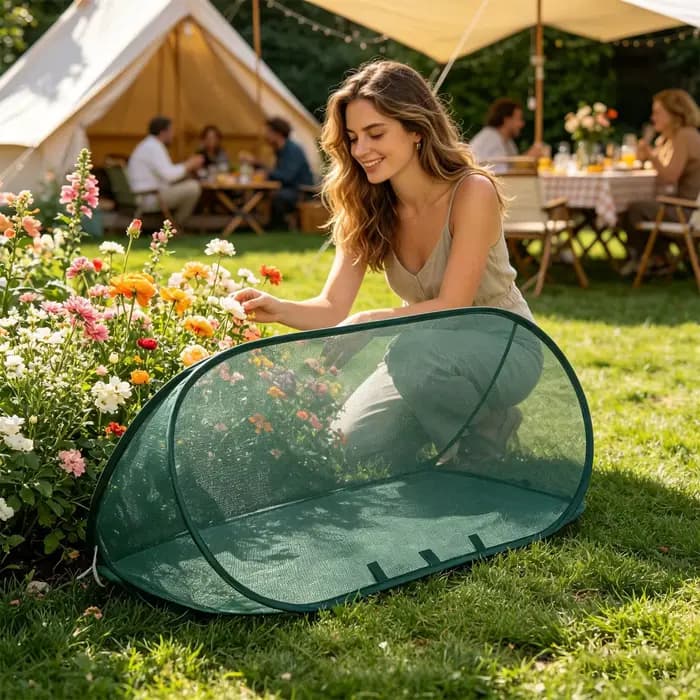 Filet de protection pop-up pour plantes de jardin avec 6 piquets de sol