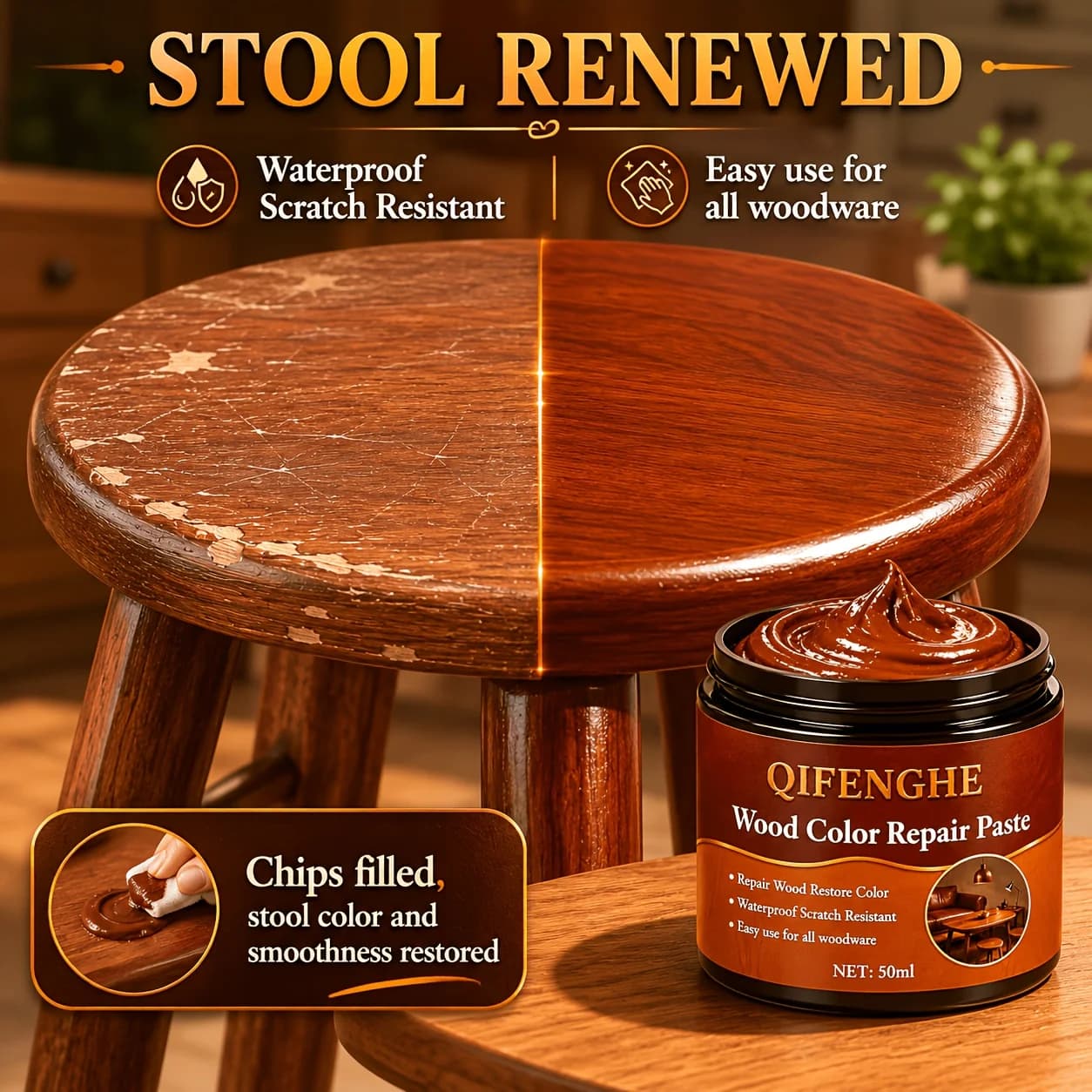 Pâte réparatrice couleur bois, réparation imperméable des rayures pour meubles en bois, sols, tables