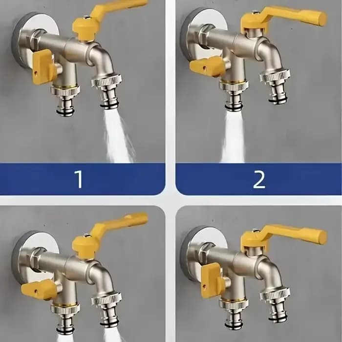 Robinet de jardin à double sortie - connexion de 1/2 pouce, idéal pour l'arrosage et l'entretien des pelouses, compatible avec les arroseurs et les pistolets à eau.