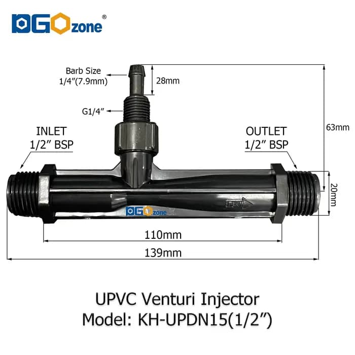 DGOzone – injecteur Venturi UPVC pour mélanger le liquide Venturi avec Valve, filetage BSP 1/2 "3/4"