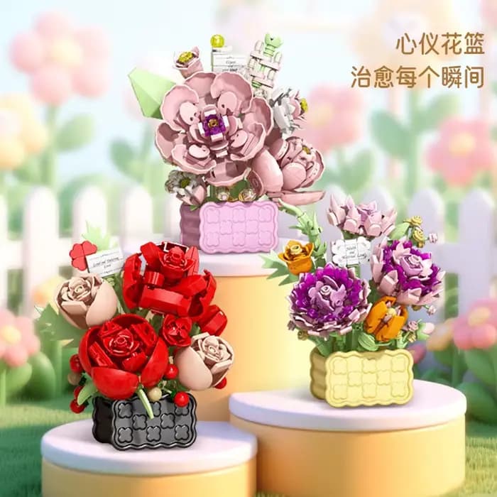 Panier de fleurs éternelles roses, plantes en pot, Mini bloc de construction de particules, ornement de fleur de tournesol, jouet assemblé, cadeaux pour enfants