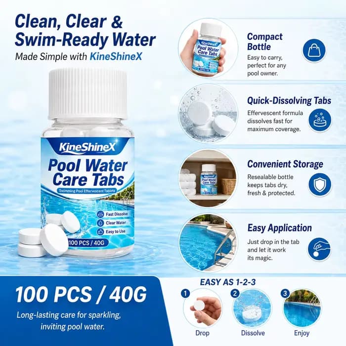 Comprimés de traitement d'eau à action rapide, comprimés pour l'entretien de l'eau de piscine, 100 pièces – Effervescents pour piscine, dissolution rapide, eau claire et propre
