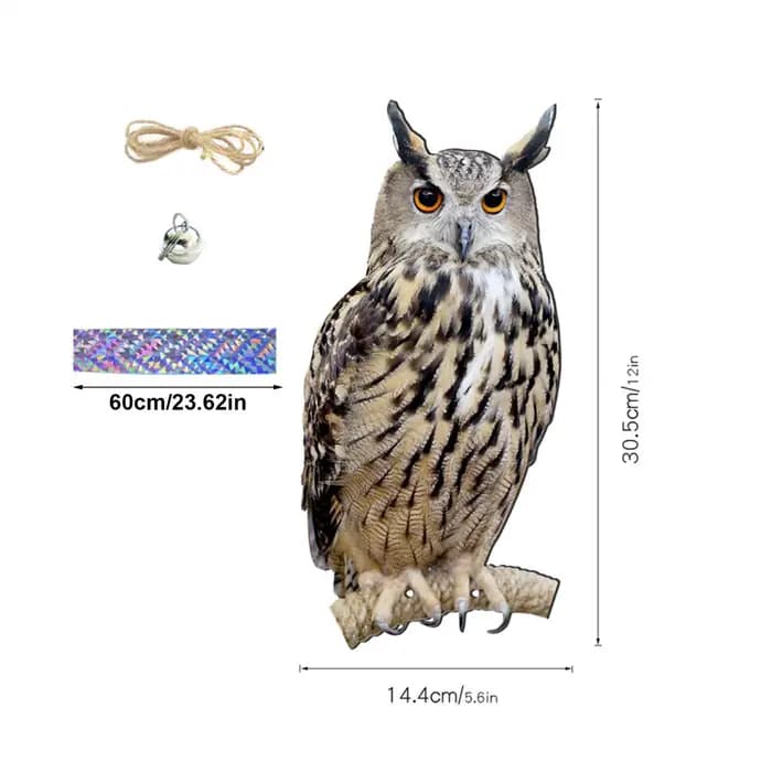 Fausse hibou répulsive avec clochettes, effaroucheur d'oiseaux rectangulaire suspendu 2D, dispositif