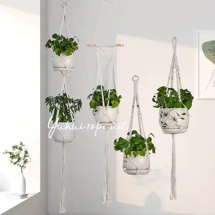 Paniers suspendus pour plantes de jardinage, Pot de fleur en macramé fait à la main, corde nouée, Po