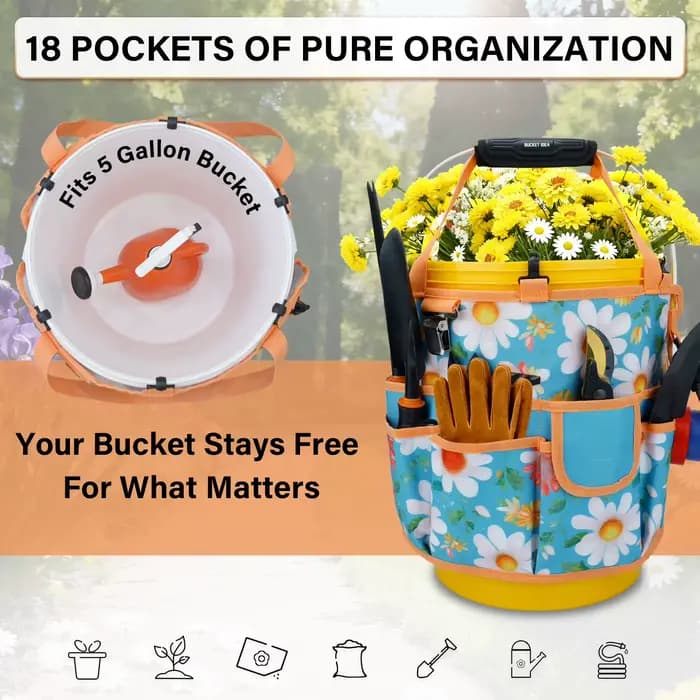 Organisateur de seau de 5 gallons, sac à outils à 18 poches avec poignée suspendable | Chariot de jardin robuste et accessoire pour seau de jardinage