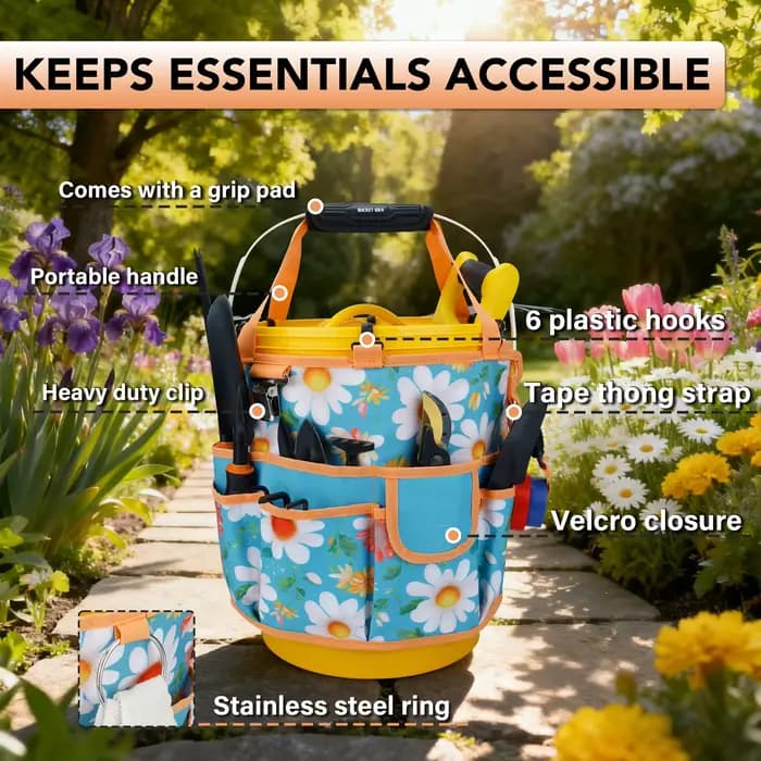 Organisateur de seau de 5 gallons, sac à outils à 18 poches avec poignée suspendable | Chariot de jardin robuste et accessoire pour seau de jardinage