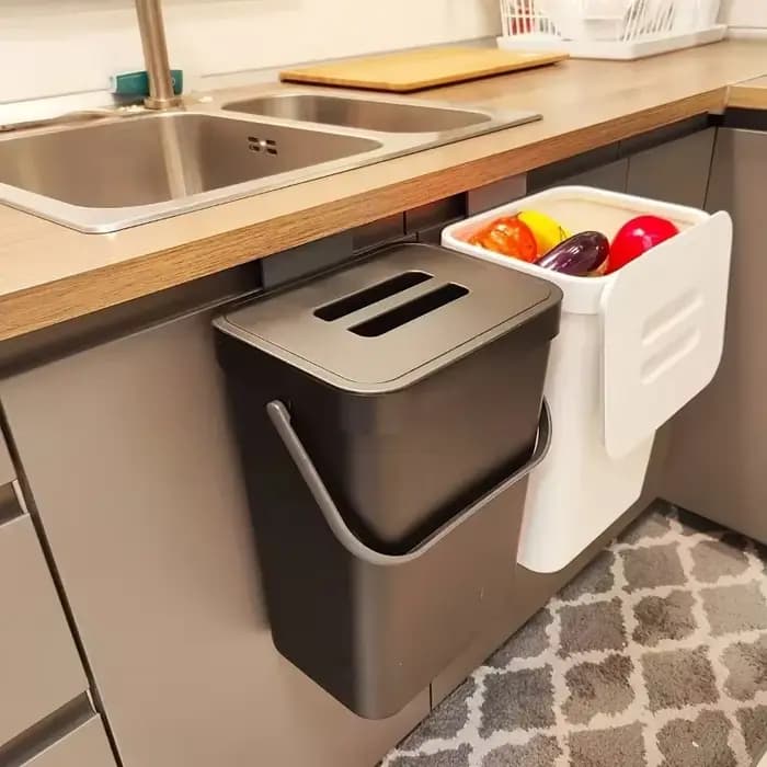 Poubelle à compost pour plan de travail de cuisine, poubelle suspendue avec couvercle, adaptée à la cuisine et à la salle de bain, possibilité d'installer un seau à compost, noir